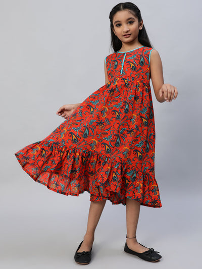 Red Floral Print A-Line Dress