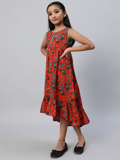Red Floral Print A-Line Dress