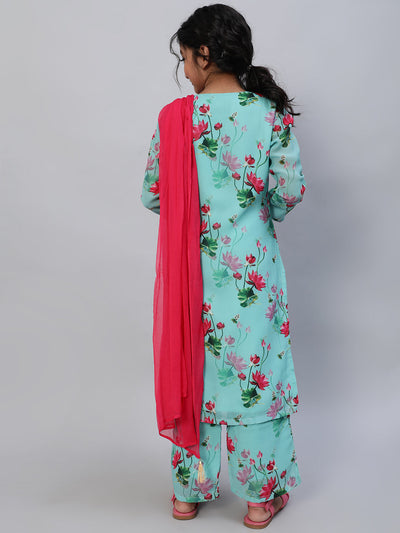 Blue Floral Print Kurta Palazzo With Dupatta