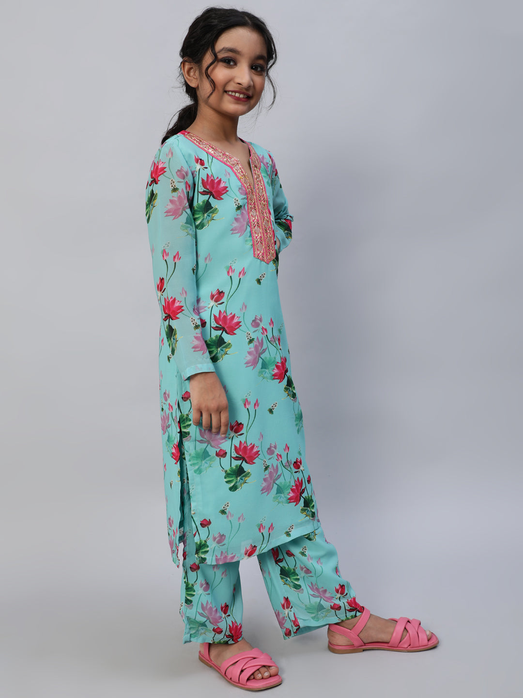 Blue Floral Print Kurta Palazzo With Dupatta