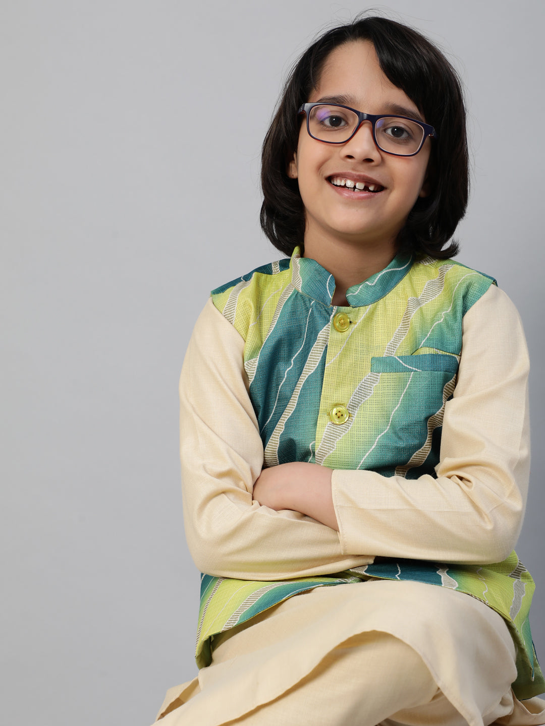 Green Leheriya Print Nehru Jacket