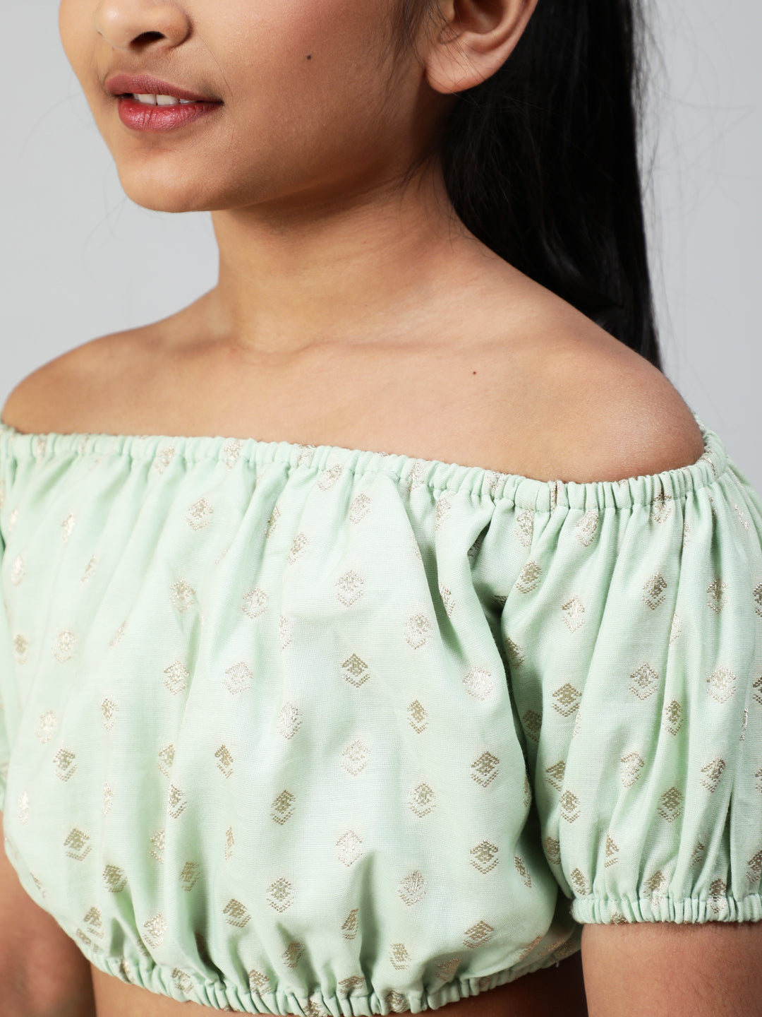 Sea Green Dobby Designed Crop Top With Skirt