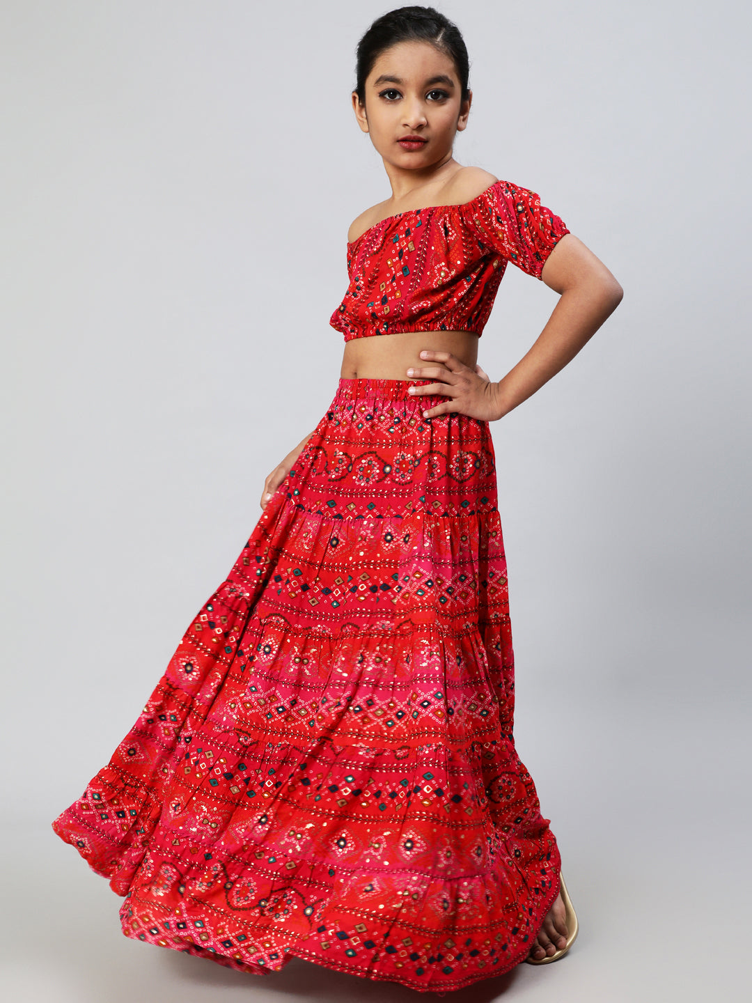 Red Gold Bandhani Print Crop Top With Skirt