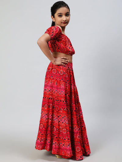 Red Gold Bandhani Print Crop Top With Skirt