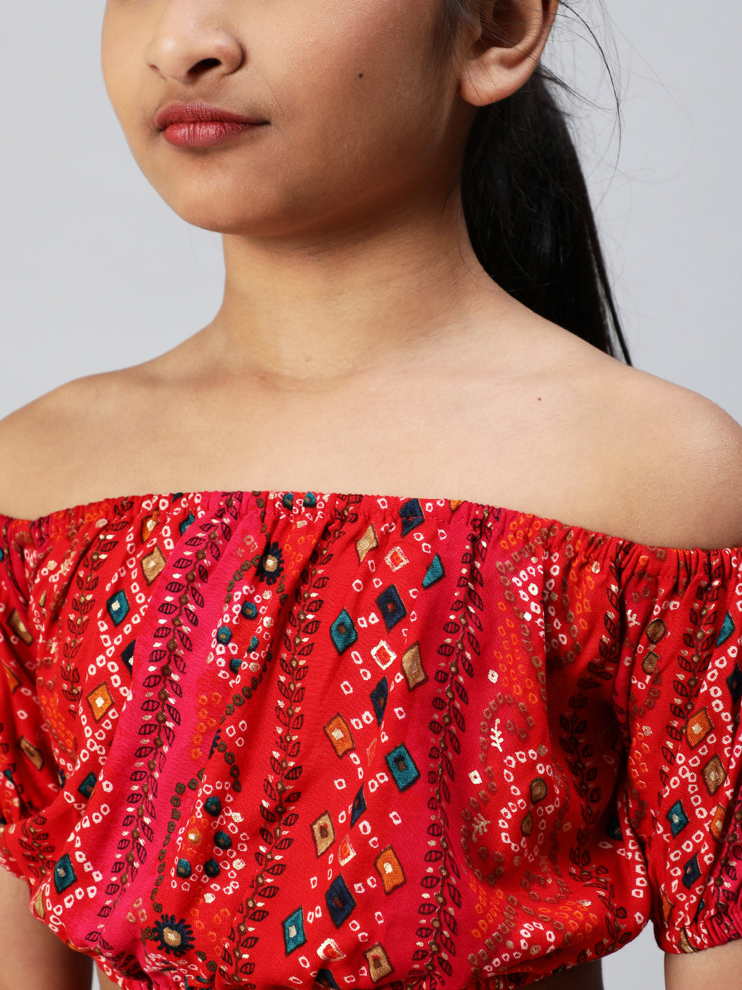 Red Gold Bandhani Print Crop Top With Skirt