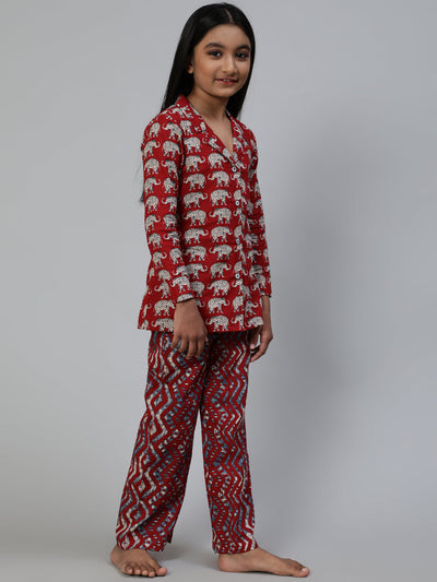 Maroon Abstract Print Night Suit