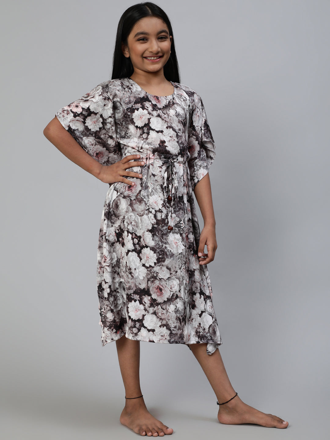 White Floral Print Kaftan Dress