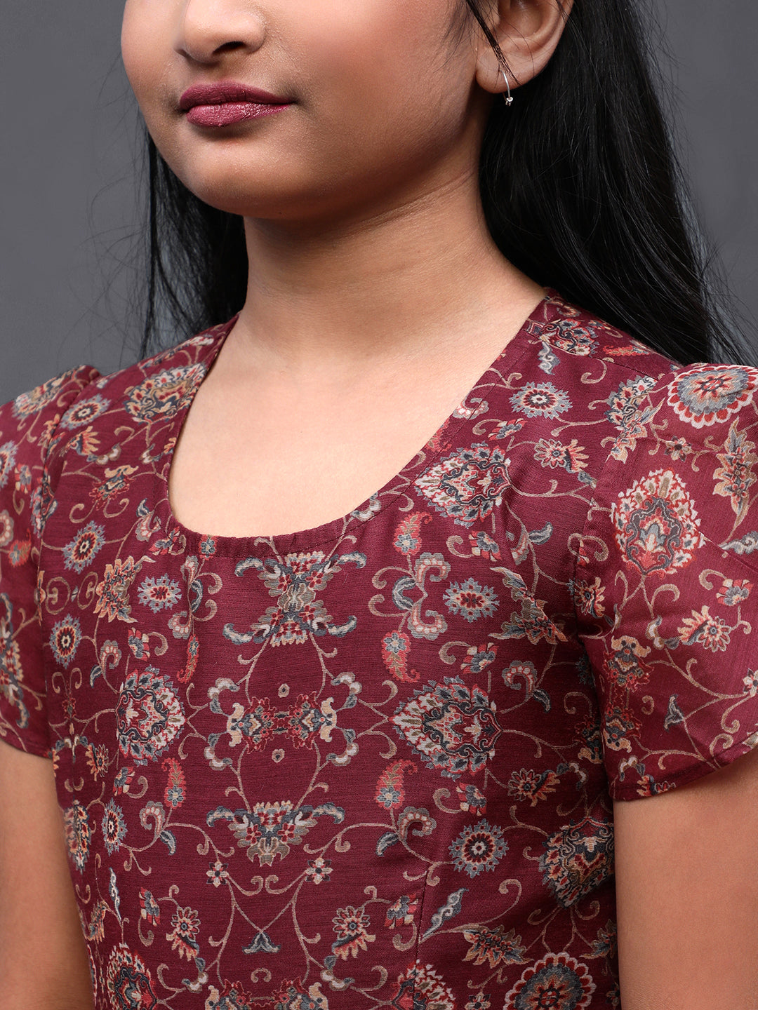 Burgundy Floral Print Flared Dress