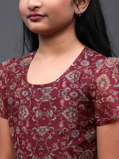 Burgundy Floral Print Flared Dress