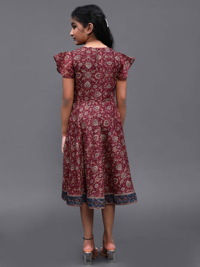 Burgundy Floral Print Flared Dress