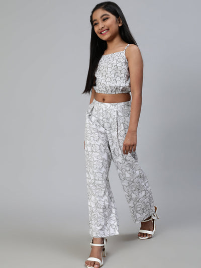 White Floral Print Crop Top With Palazzo