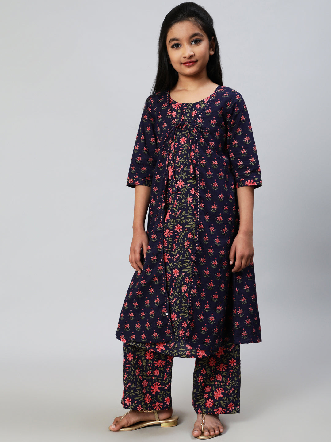 Blue Floral Print Double Layered Kurta With Palazzo