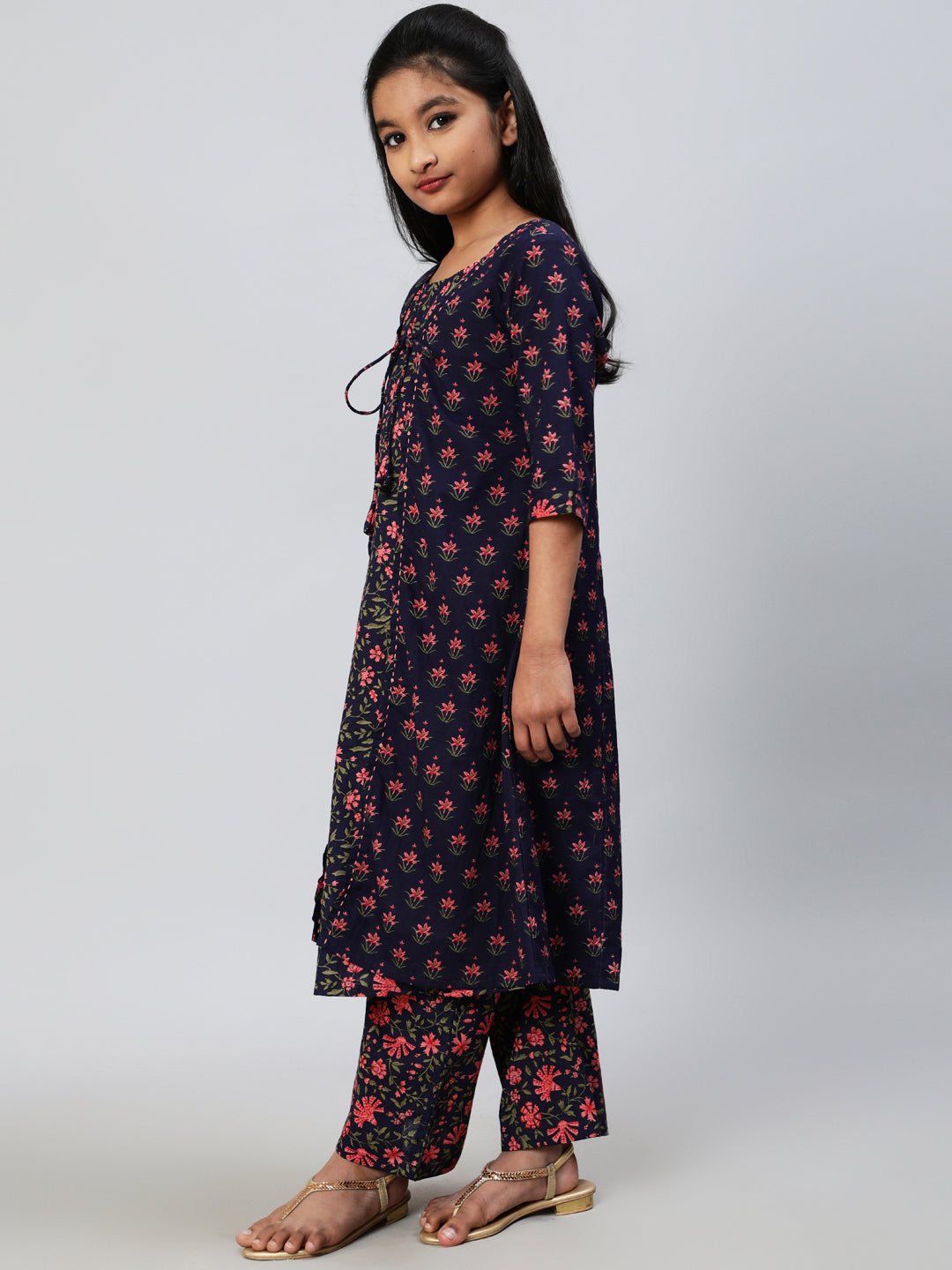 Blue Floral Print Double Layered Kurta With Palazzo