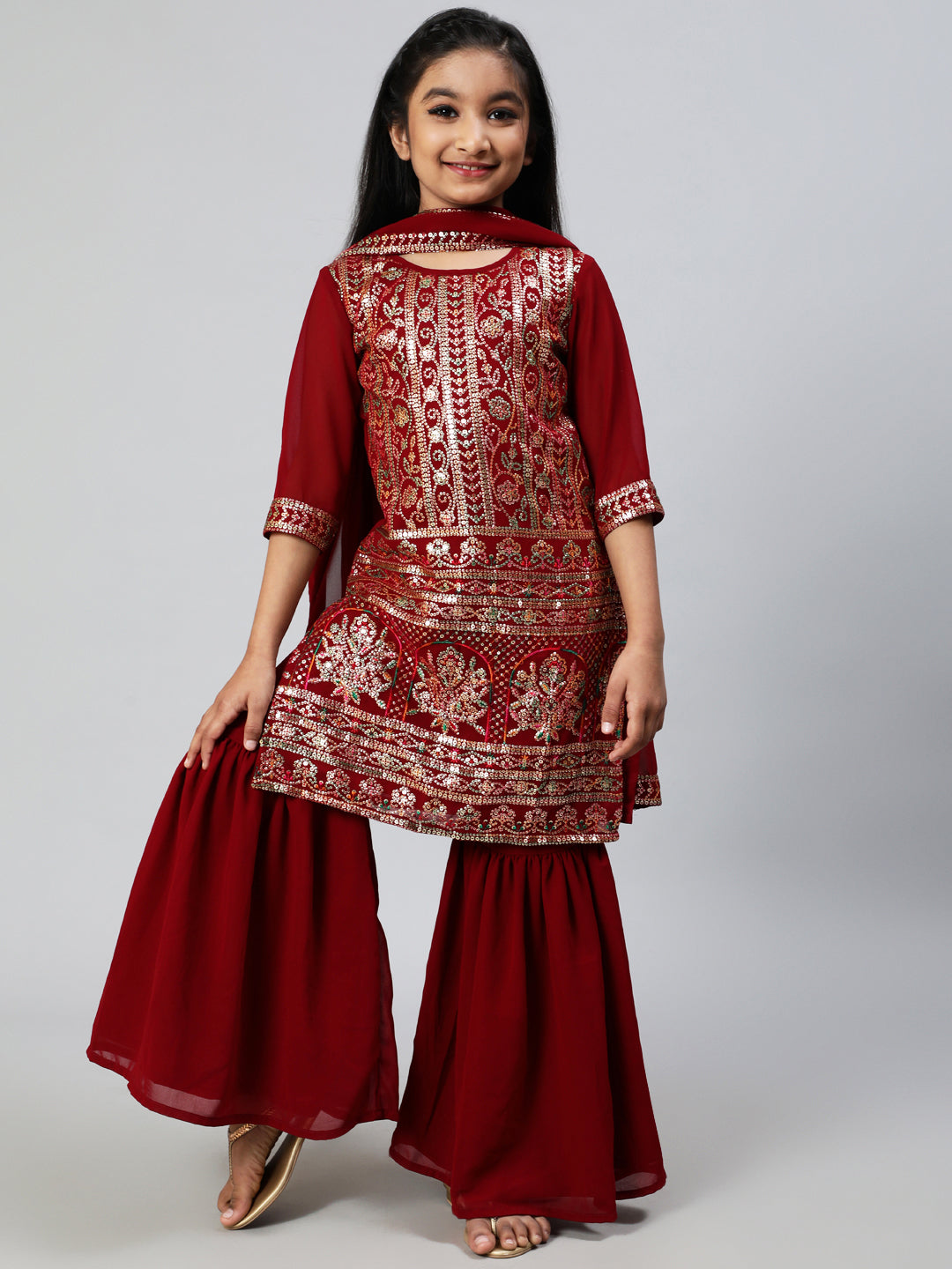 Maroon Sequin Kurta Sharara With Dupatta
