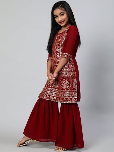 Maroon Sequin Kurta Sharara With Dupatta