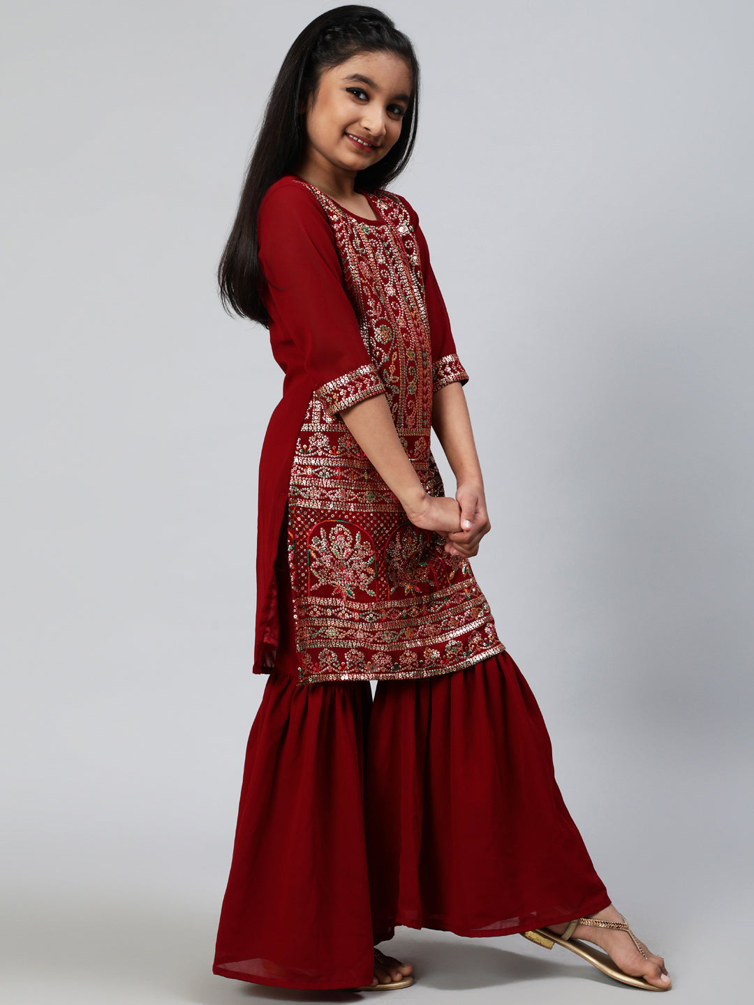 Maroon Sequin Kurta Sharara With Dupatta