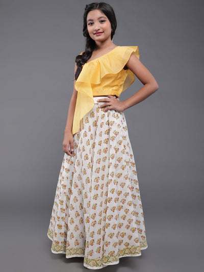 Yellow & White Block Printed Lehenga Choli