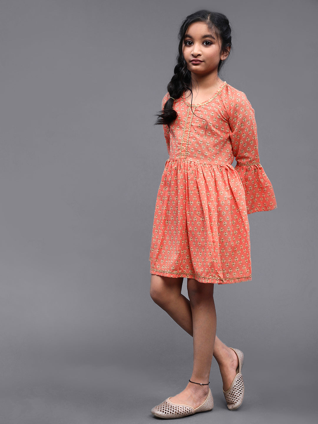 Peach Printed Gathered Dress