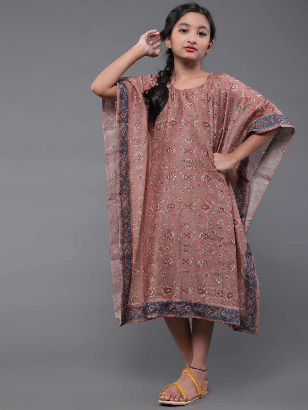 Brown Floral Print Kaftan Dress