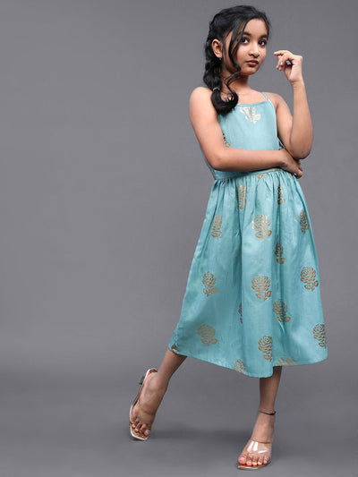 Pastel Blue Foil Printed Gathered Dress