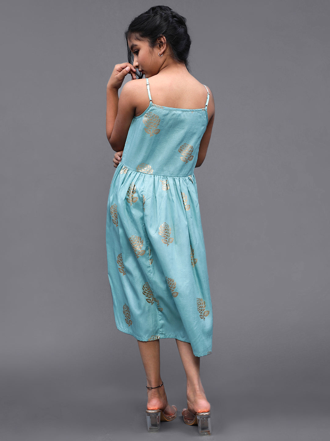 Pastel Blue Foil Printed Gathered Dress