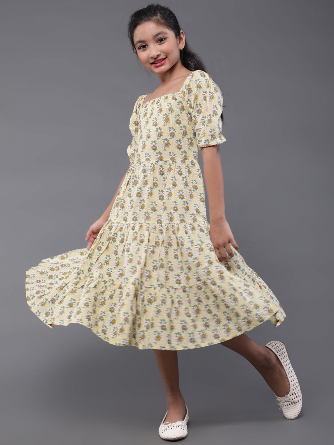 Yellow Floral Print Tiered Dress