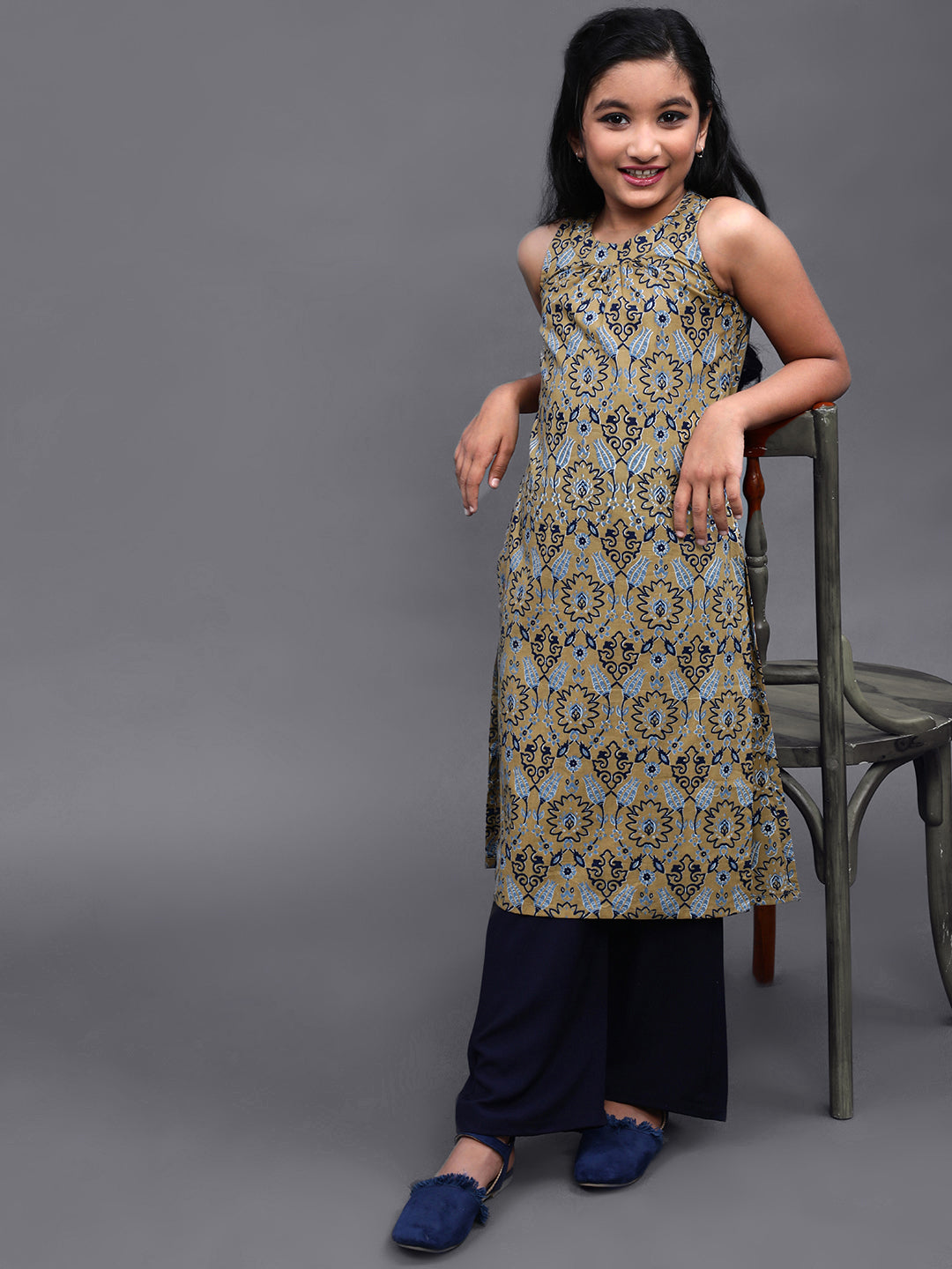 Beige Printed Kurta With Palazzo