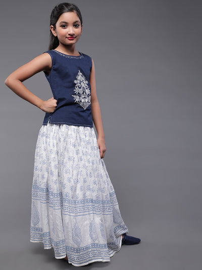 White & Blue Block Printed Skirt With Embroidered Top