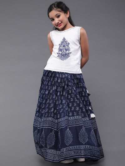 Blue & White Block Printed Skirt With Embroidered Top