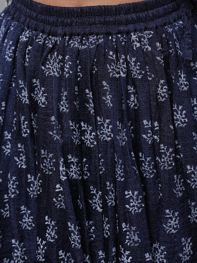 Blue & White Block Printed Skirt With Embroidered Top