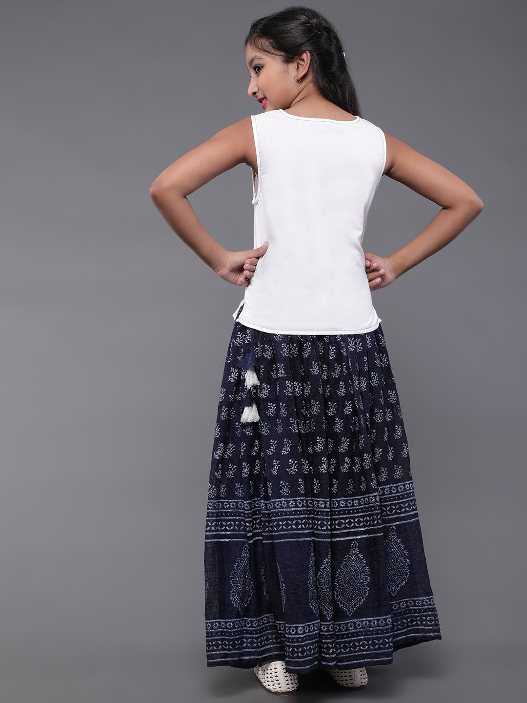 Blue & White Block Printed Skirt With Embroidered Top