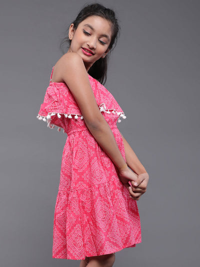 Pink Bandhani Print Dress With Pom-Pom Lace