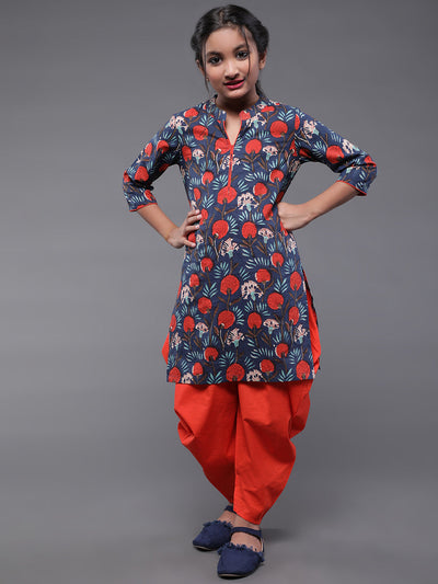 Blue Floral Print Kurta With Dhoti Pant