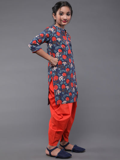 Blue Floral Print Kurta With Dhoti Pant