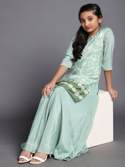 Green Floral Digital Print Kurta With Skirt