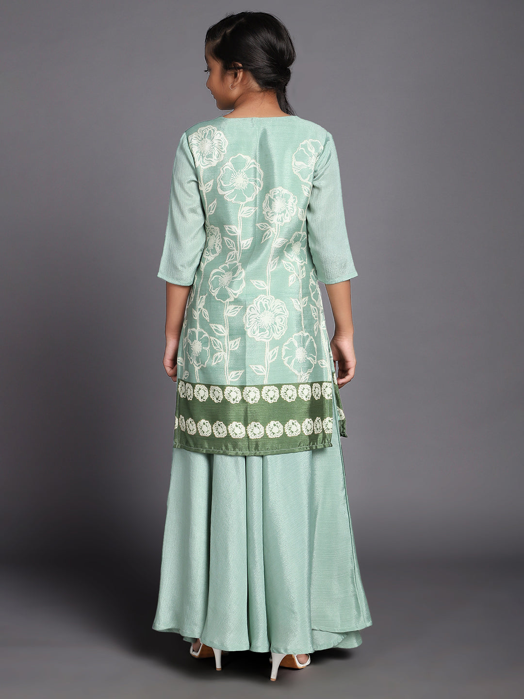 Green Floral Digital Print Kurta With Skirt