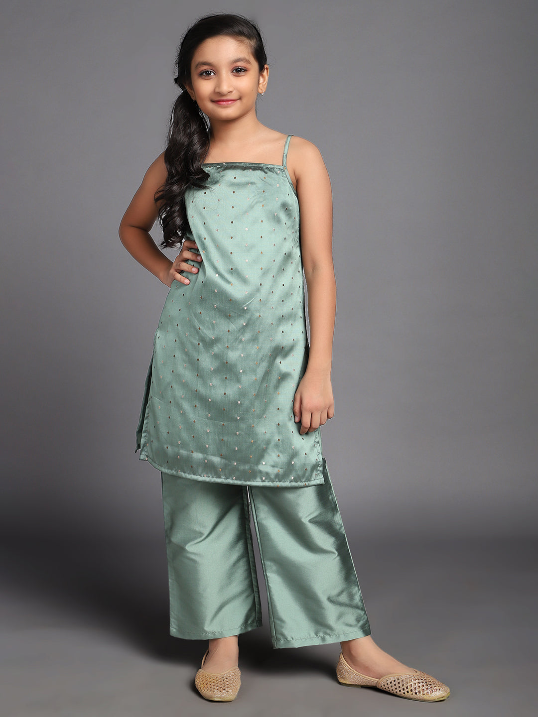 Green Dobby Woven Design Kurta With Palazzo