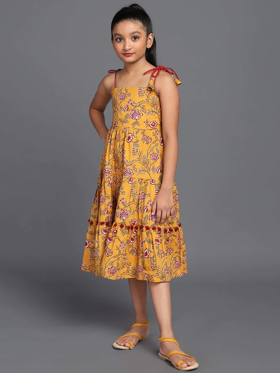 Mustard Floral Print Tiered Midi Dress