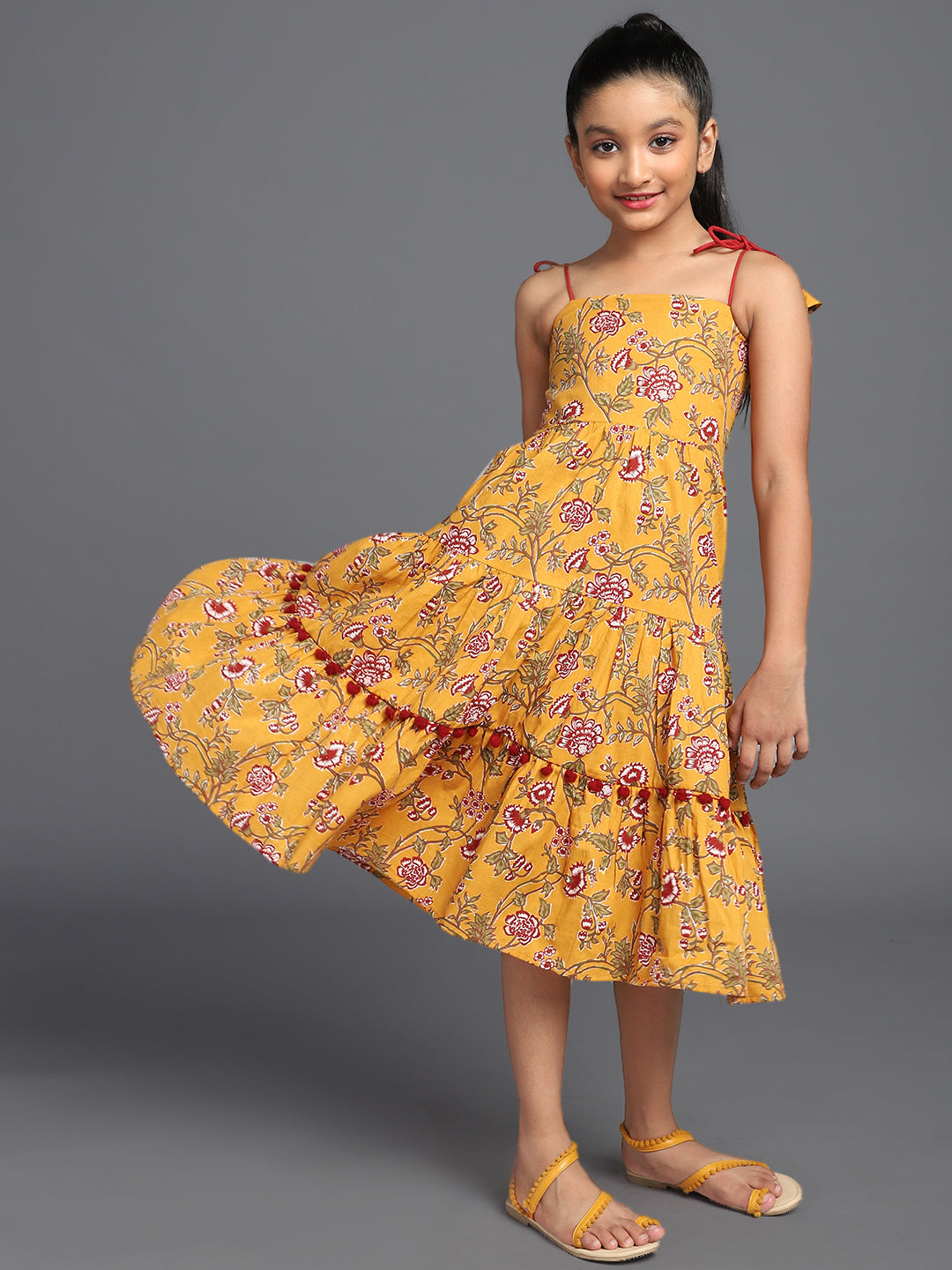 Mustard Floral Print Tiered Midi Dress