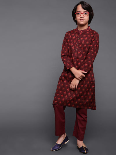 Maroon Floral Print Kurta With Pyjama