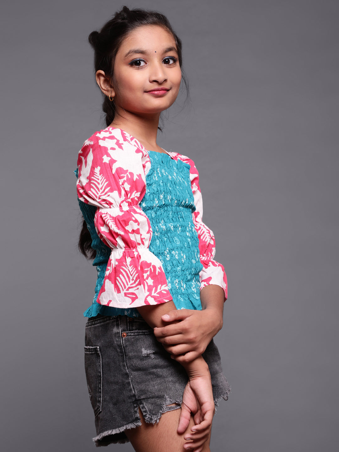 Blue & Pink Bandhani Print Smoking Top