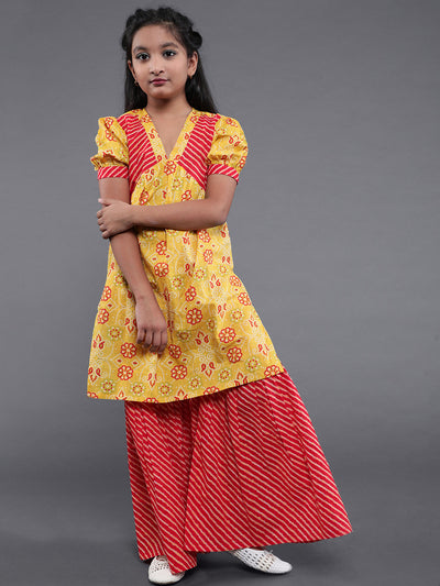 Yellow Floral Print Kurta With Palazzo