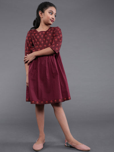 Maroon Floral Print Fit And Flare Dress