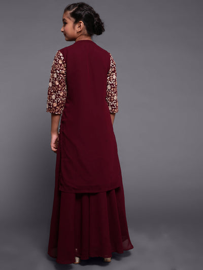 Mother Daughter Combo-Wine Floral Embroidered Kurta With Skirt
