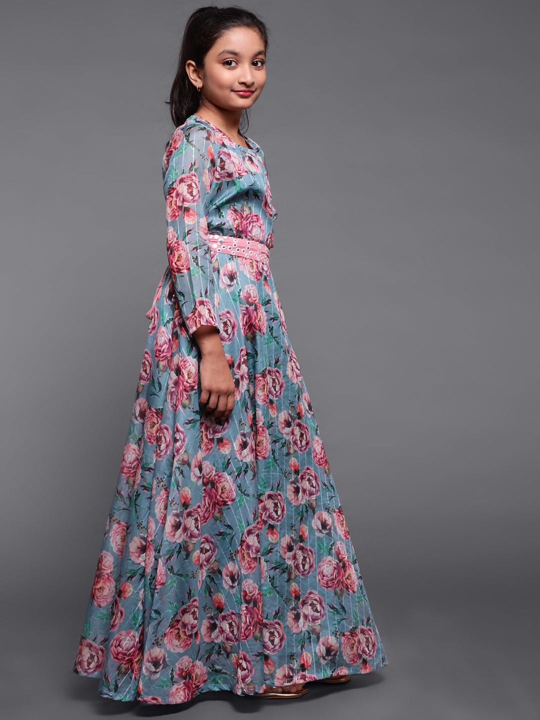 Blue Floral Print Flared Maxi With Mirror Work Belt