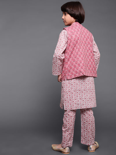 White & Mauve Floral Print Kurta Pyjama With Nehru Jacket