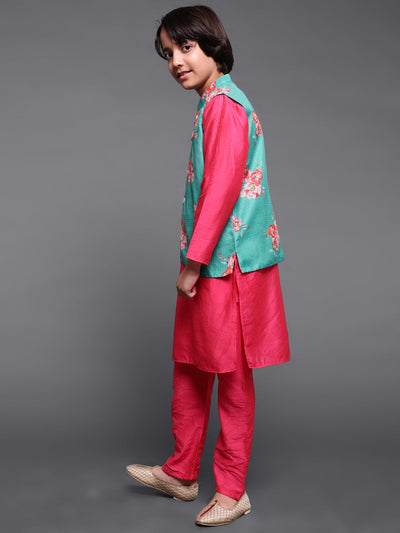 Pink & Green Floral Print Kurta Pyjama With Nehru Jacket