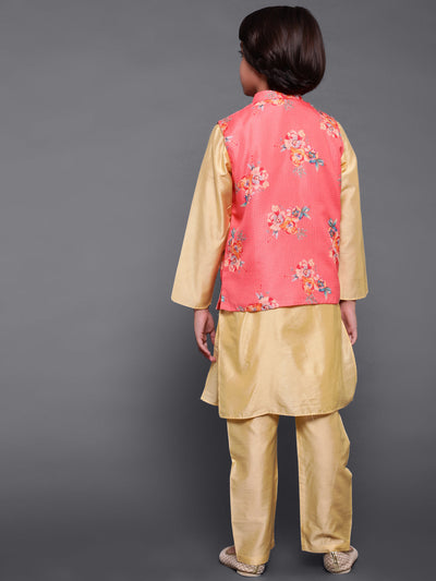 Cream & Peach Floral Print Kurta Pyjama With Nehru Jacket