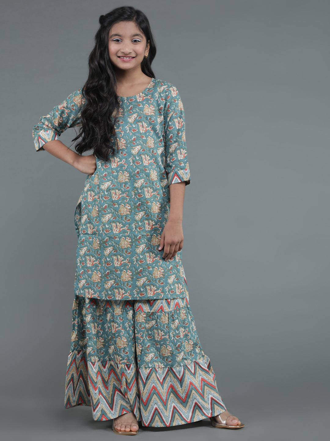 Grey Floral Print Kurta With Sharara