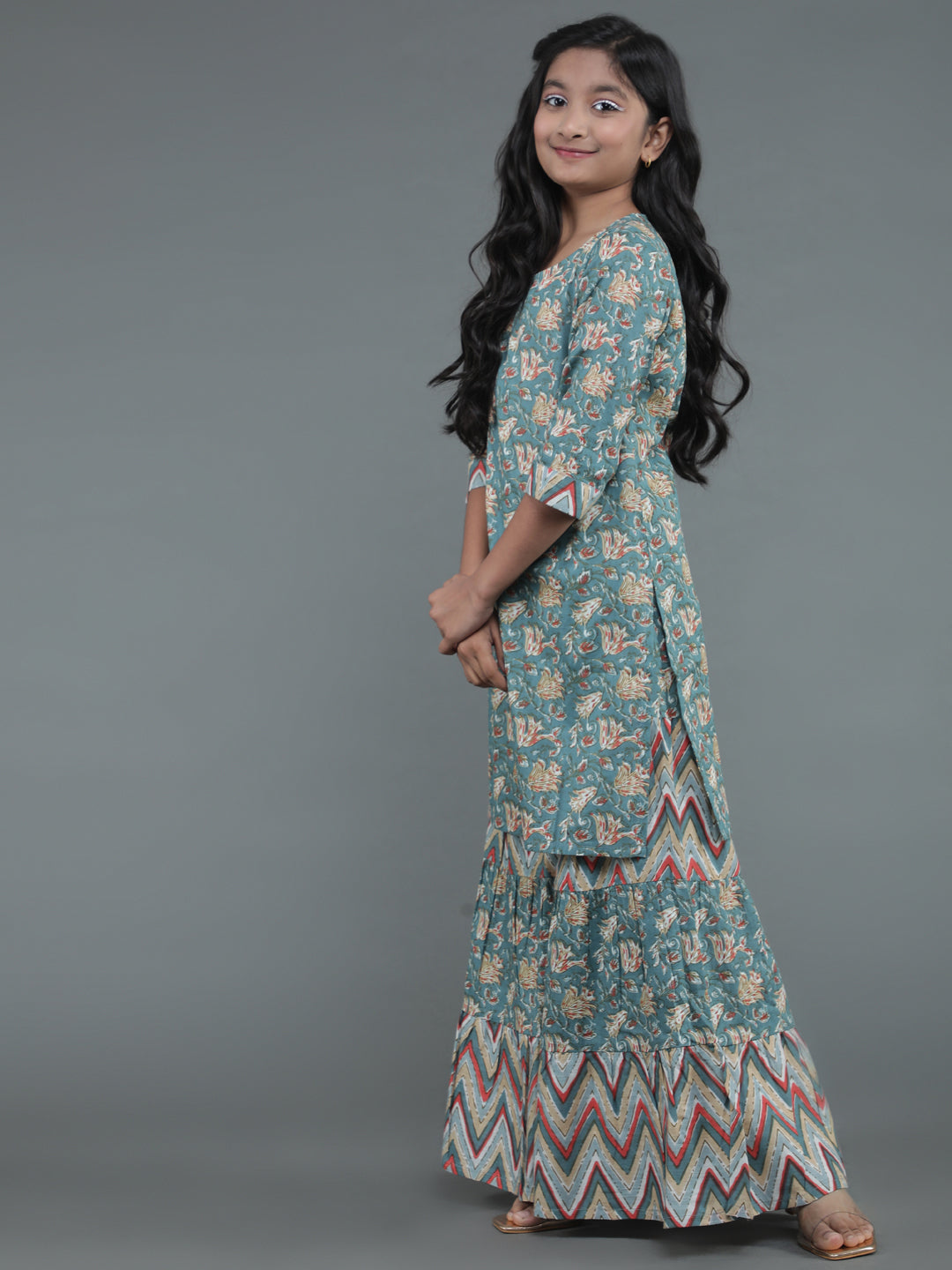 Grey Floral Print Kurta With Sharara